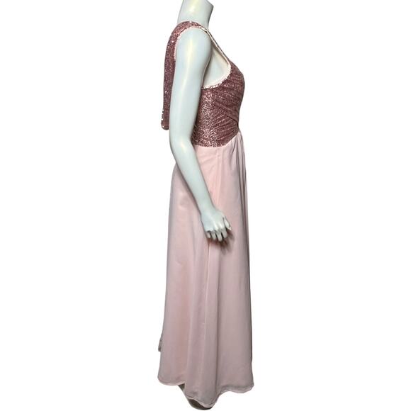Rose Gold Sequin Prom Dress Pink Chiffon Maxi Evening Gown Size 6 Open Back - Picture 6 of 10